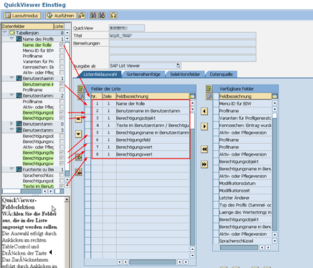 Berechtigungsquery in SAP Transaktion SQVI: Feldauswahl