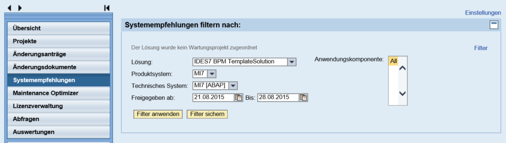 Filtermöglichkeiten in den Systemempfehlungen