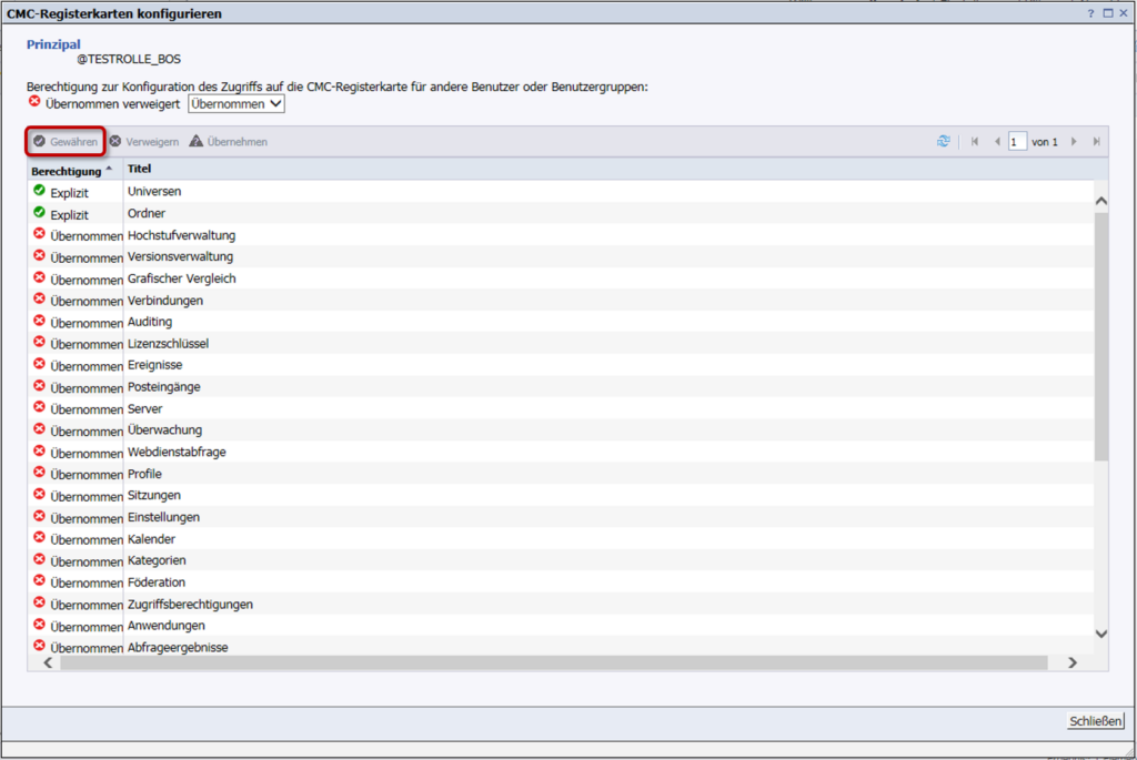 Für die gewünschten Registerkarten "Gewähren" auswählen.