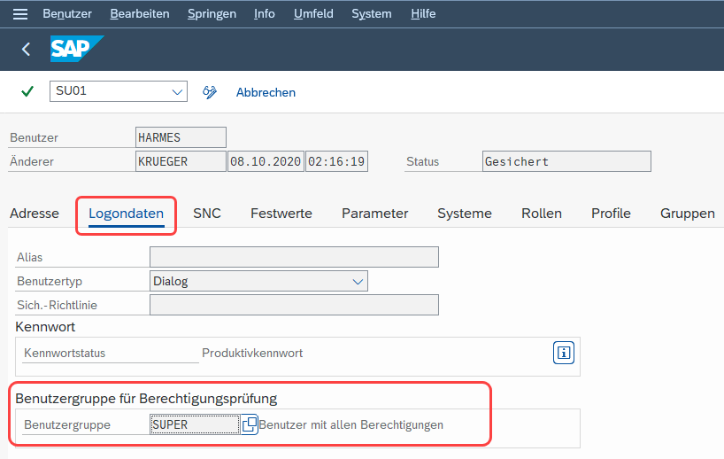 SAP SU01 Benutzergruppen