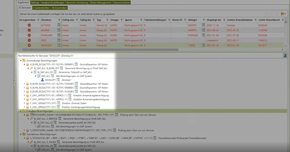 Detaillierte Darstellung der Berechtigungen eines SAP-Benutzers in CheckAud®